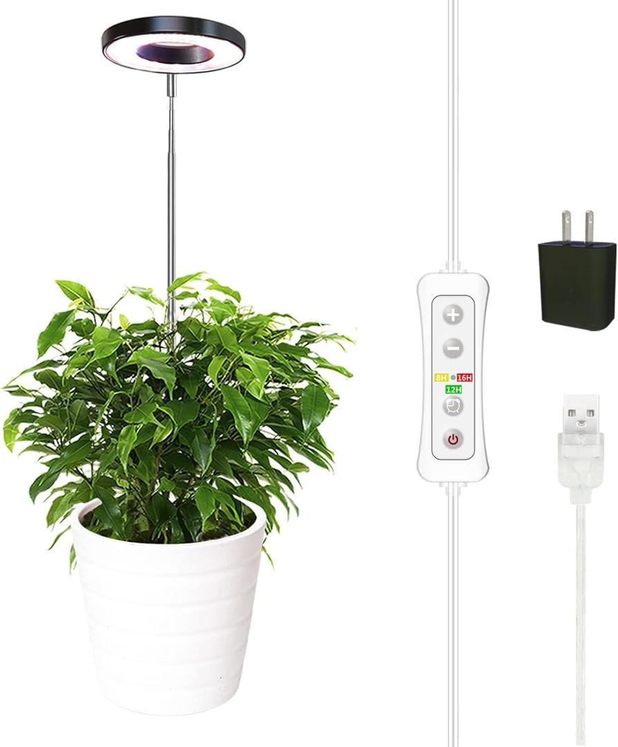 yadoker Plant Grow Light, LED Growing Light Full Spectrum for Indoor Plants, Height Adjustable, Automatic Timer, 5V Low Safe Voltage, Ideal for Small Plant Light (1 Pack, Matte Black)