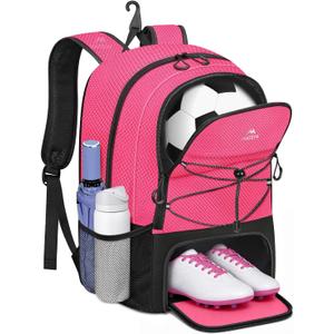 MATEIN Girls Soccer Backpack, Large Basketball Bag with Ball Holder & Shoe Compartment for Tournament & Game Day, Lightweight Youth Sports Bag with Fence Hook Fits 15.6 Inch Laptop, Soccer Team Gifts, Pink