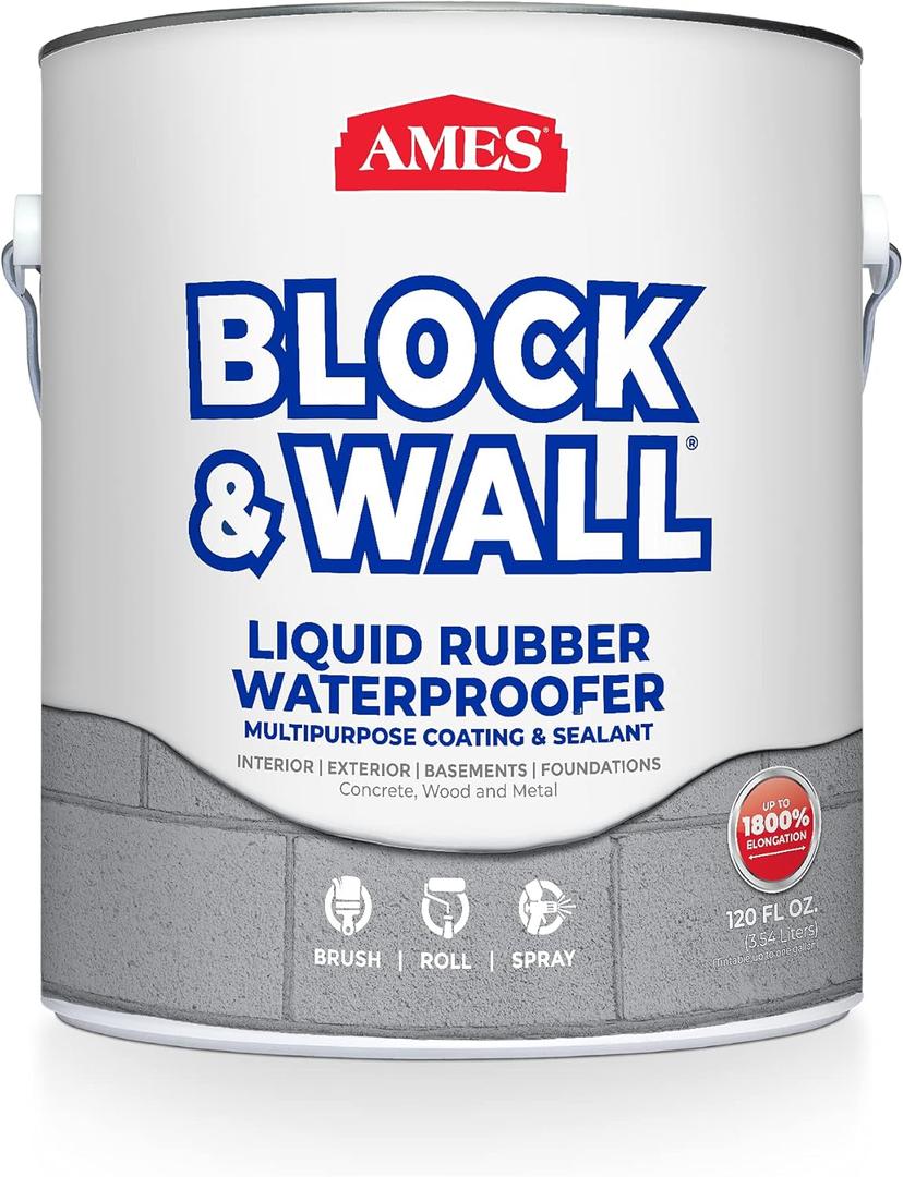 Ames Block & Wall Liquid Rubber Waterproofer Multi-Purpose Coating & Sealant - 1 Gallon - Perfect to Use As Concrete Sealer and Waterproofer for Basements and Foundations - Made in The USA, White
