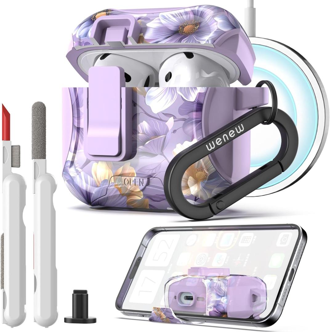 wenew Compatible with AirPods 4th Generation Case Cover with Phone Stand, Cleaner, Clip, Compatible with Magsafe Charger, One-Click Pop Open Lock iPod 4th Case (Purple 1, AirPods 4th)