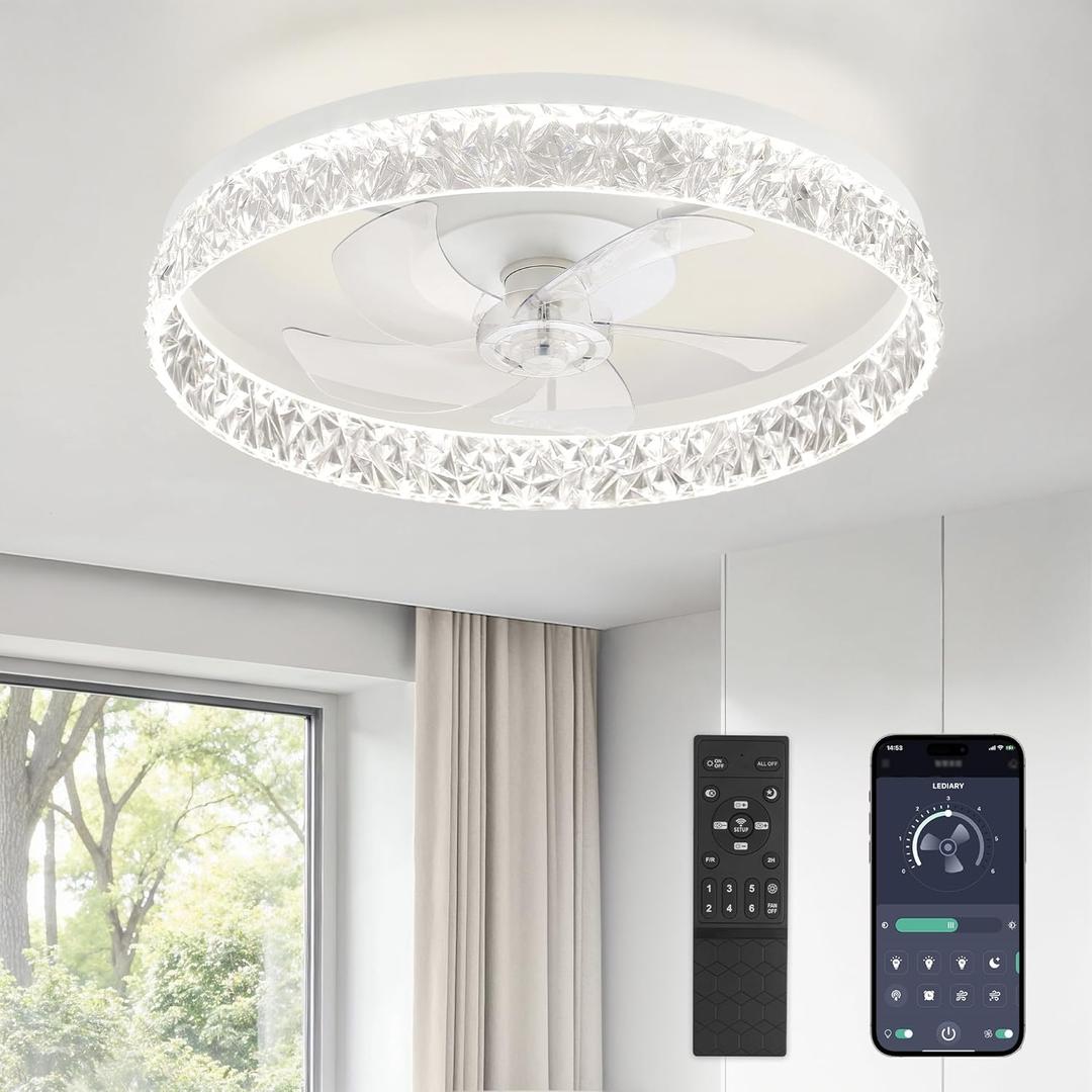 LEDIARY 22" Modern Ceiling Fans with Lights and Remote, Dimmable Low Profile Ceiling Fan, Flush Mount Ceiling Fan, Stepless Color Temperature Change and 6 Speeds - White