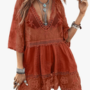 Eomenie Women's Contrast Lace Bathing Suit Cover Up V-Neck Swimsuit Coverups Loose Swimwear Beach Dress Beachwear One Size