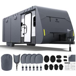 RV Cover 26-28ft: Extra Thick 7 Layers Travel Trailer Cover with 4 Tire Covers, Waterproof Camper Cover, Extra Windproof Ropes, Gutter Cover, Rip-Stop Anti-UV (Gray)