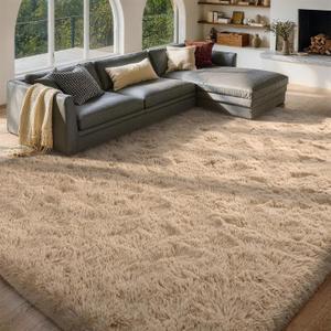 FinRèc 8x10 Feet Rugs for Bedroom Living Room, Tan Fluffy Plush Area Rug, Non-Slip High Pile Shaggy Rug for Kids Room Dorm Room Home Decor, Indoor Solid Shag Floor Carpet