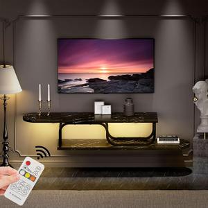 55”Floating Entertainment Center with LED Lights for 60/65/70 Inch TV, Floating TV Shelf with 5 Timers & 3 Colors & 6 Brightness Levels, Marble Wall-Mounted TV Stand for Living Room,Bedroom, Black