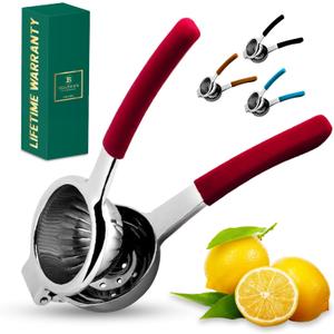 Bellemain Citrus Juicer | Metal Lemon Squeezer | Lime and Lemon Juicer Stainless Steel with Silicone Handles | Manual Juicer, Citrus Squeezer, Hand Held Juicer | Bar Juicer for Bartender Accessories (Red)