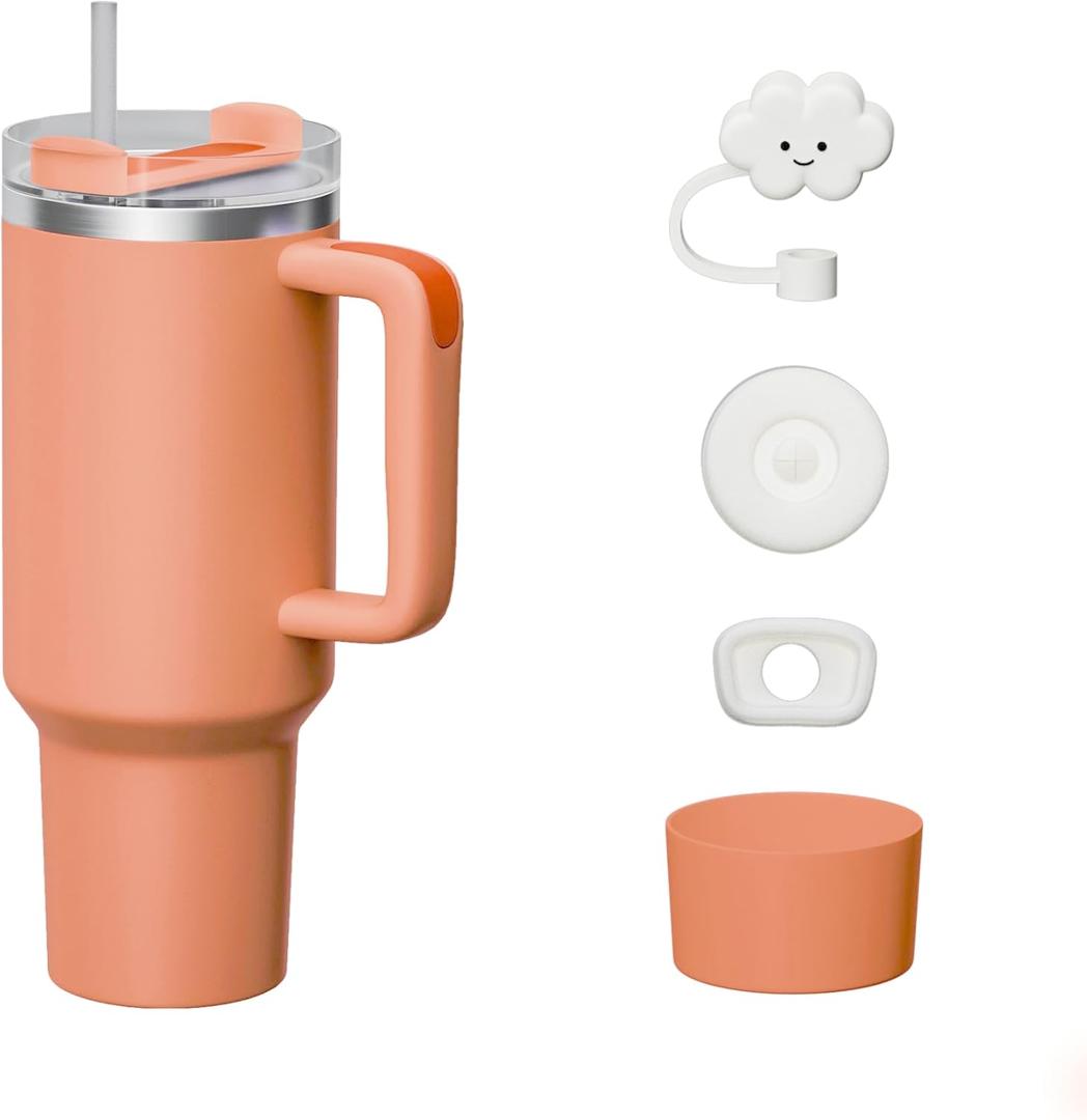 KISSKIND 40 oz Tumbler with Handle and Straw Lid Accessories, Straw Topper, Silicone Spill Proof Stopper, Silicone Boot, Stainless Steel Water Bottle 40oz Insulated Cup, Ideal Gift for Women, Peach