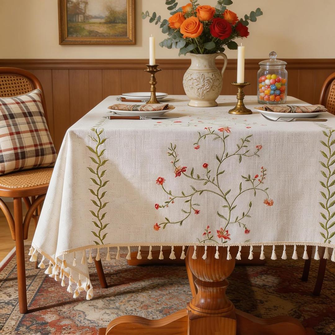 Laolitou Spring Pink Floral Table Cloth Rectangle Table, Embroidery Heavy Duty Cotton Linen Tablecloth, Farmhouse Rustic Waterproof Wrinkle Free Tablecloths with Tassels, Pink Flower, 5575 Inch