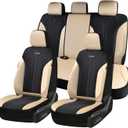 Coverado Seat Covers Full Set, Beige Car Seat Covers, PU Leather & Breathable Mesh Seat Protectors, 5-Piece Automotive Seat Covers, Universal Fit for SUVs, Trucks, Sedans