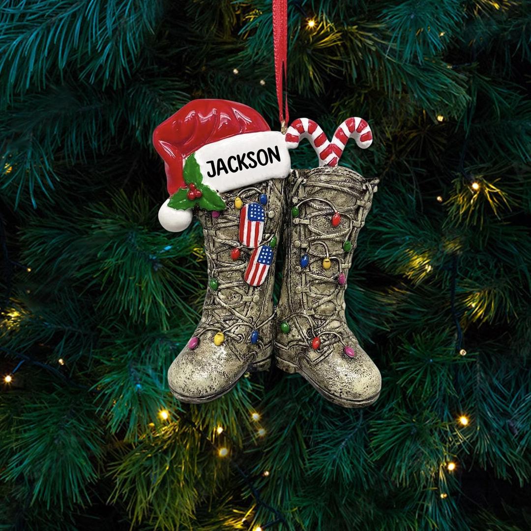 2 x Custom DIY Name Army Christmas Ornaments for Xmas Tree, Military Christmas Ornaments, Veteran Boots, Army Man Ornament, Gifts for Men, Soldier, Dad, Grandpa, Veteran