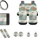 Bohemian Dragonfly Car Seat Covers Full Set 12Pcs Universal Fit Front and Split Bench Rear+Steering Wheel Cover+Seatbelt+Key+Center Console Armrest Pads for Cars,Boho Car Accessory