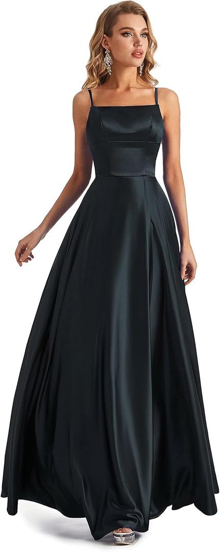 Long Satin Spaghetti Strap Prom Dress (Small, Black) Long Satin Spaghetti Strap Prom Dress (Small, Black)