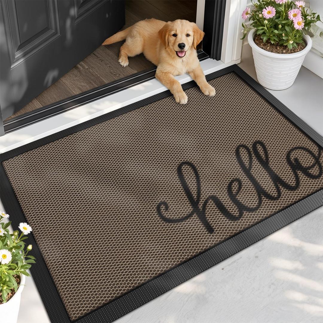 LUMI Outside Welcome Door Mat 32x47, Non Slip Durable Rubber Entrance Doormat, Low Profile Easy Clean Mats for Front Back Door Entryway Porch Garage, Hello