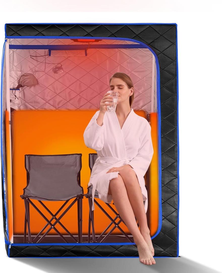 ZONEMEL 2 Person Portable Full Spectrum Infrared Sauna, Full Size Large Spa Tent with Remote Control,1600W, Foldable Chairs & LED Therapy Light, Home Spa for Relaxation (47.2"x35.4"x63") (Black)