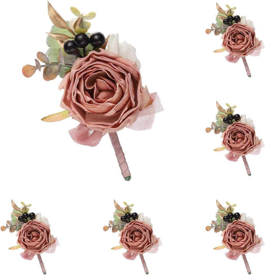 uxcell 6pcs Rouge Boutonnieres for Men, Buttonholes Pocket Corsage Artificial Flowers with Boutonnieres Pins for Bride Groom Wedding Ceremony Anniversary Formal Party