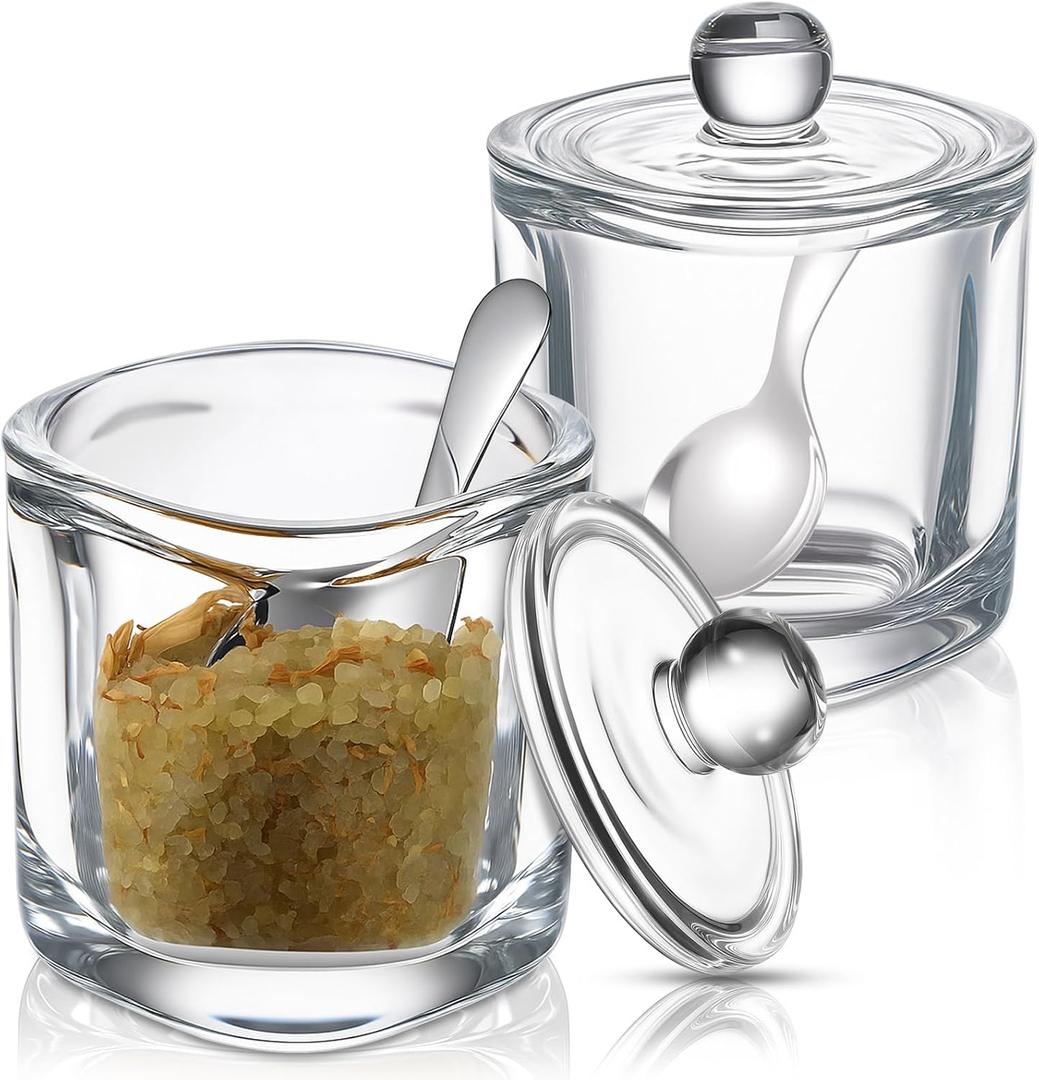 Reallnaive 2 Set Glass Salt Cellar with Lid and Spoon Container for Kosher, Sea, Himalayan Salt, Candy, Pepper, Heavyweight Seasoning Jar, Dishwasher Safe, 8.7oz (White)