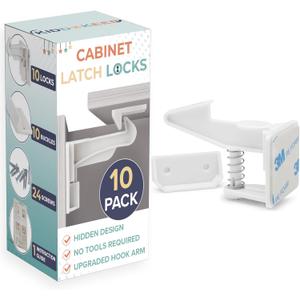 Upgraded Baby Proofing Cabinet Latches for Toddlers - 10 Pcs White Child Proof Cabinet Locks for Child Safety, Easy Set Up Child Locks for Cabinets and Drawers Security for Baby Proof Pantry
