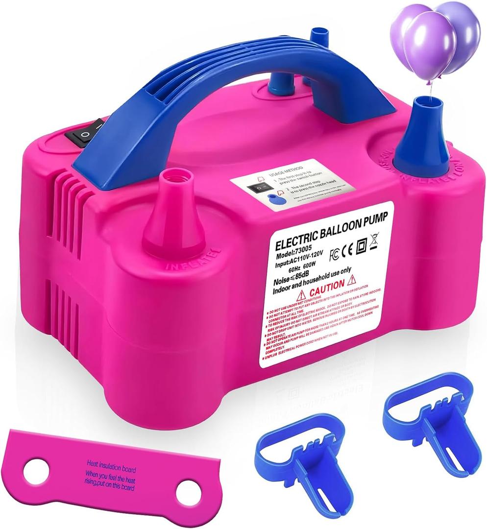 Electric Balloon Pump,110V 600W Portable Dual Nozzles Balloon Pump,Air Pump Balloon Blower for Party Decorations with Tying Tool (Small, Rose Red)