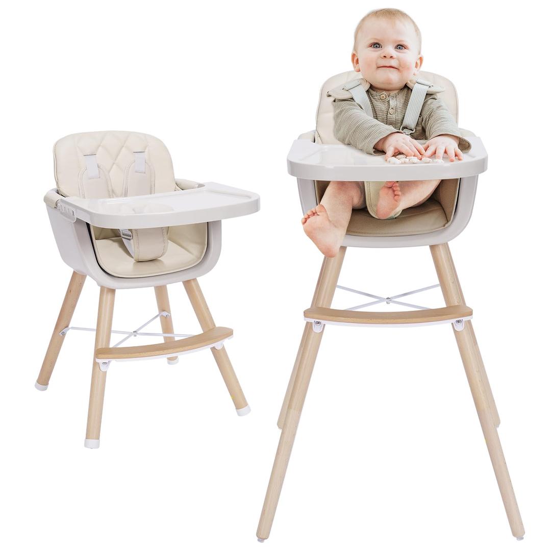 Mallify 3-in-1 Wooden High Chair, Convertible High Chairs for Babies and Toddlers, Baby Highchair with Adjustable Legs & Dishwasher-Safe Tray, Sleek Hardwood & Premium PU Cushion, Beige