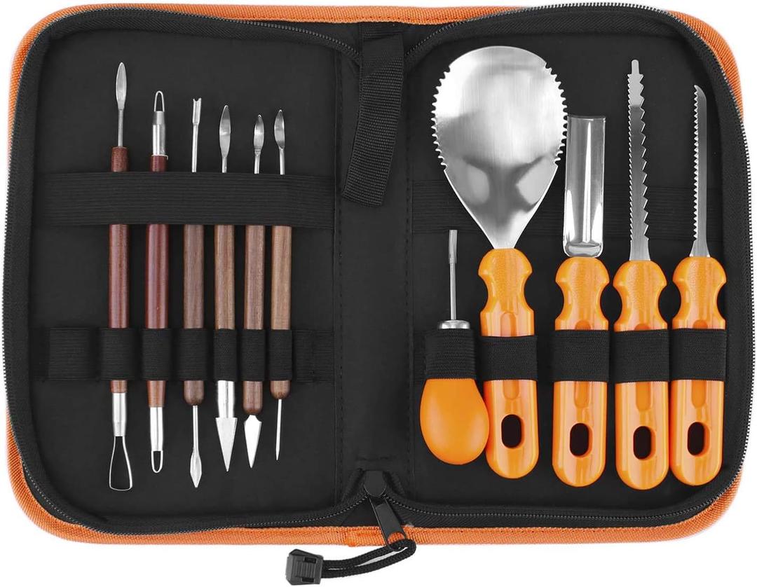 Halloween Pumpkin Carving Tools Kit, Halloween Jack-O-Lanterns 11 Piece Professional pumpkin cutting supplies tools Kit stainless steel lengthening and thickening with Handbag