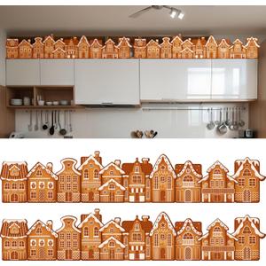 2 Pcs 5.2 ft X1 ft Christmas Gingerbread House Decoration for Above The Cabinet Plastic Cardboard Xmas Village House Farmhouse Gingerbread Village Silhouette Cutout for Tabletop Kitchen Shelf