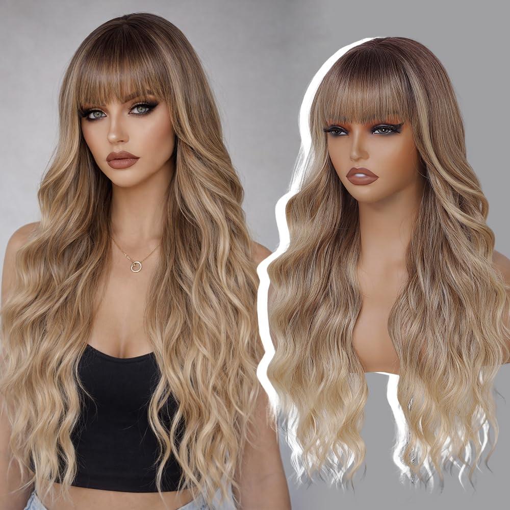 Long Blonde Wigs with Bangs 26Inch Wavy Curly Hair for Women Tangle Free Soft Natural Looking Wig for Daily Party Use (Ombre Highlights Blonde)