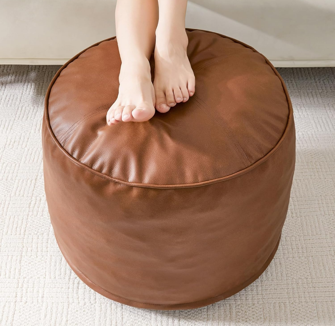 HIGOGOGO Round Stuffed Pouf Ottoman, Pu Leather Poufs with Foam Chunk Filling, Furry and Fluffy Pouf Foot Stool Storage Ottoman, 20 X 15 Floor Poufs Foot Rest for Living Room,Dark Brown