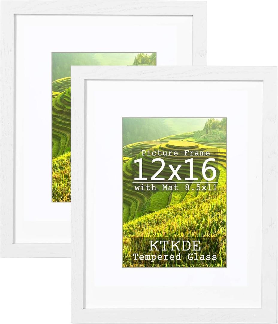KTKDE 12x16 white Picture frame Set of 2, 8.5x11 with mat 12x16 -Tempered Glass, Modern Style Wood Composite Frame, Studio Gallery frame for ideal gift
