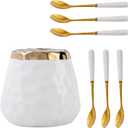 7Pcs Coffee Spoons Set,Ceramic Jar with 6 Spoons,Dessert Spoon with Holder, Creative Small Spoon Set for Coffee Ice Cream Cakes Dessert Party