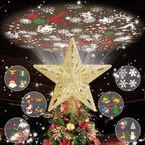 Christmas Tree Topper Lighted with 6 Projected Patterns, Christmas Star Tree Topper Built-in LED Rotating Lights, 3D Glitter Projector for Party Holiday Xmas Decorations Gifts (Gold)