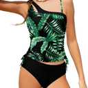 AGAPENG Girls Swimsuit Two Piece One Shoulder Tankini Floral Print Drawstring Swimwear Set 7-14Y (15-16 Years, Green Black #Tropical Print)