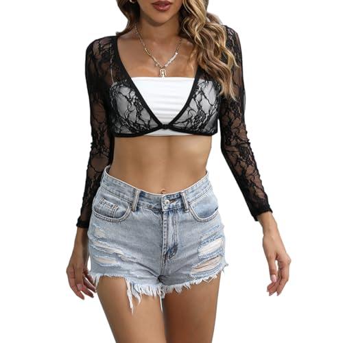 Malarocoby Women's Crop Top Long Sleeve Shrug Lace Short Blouse Shrug Open Front Elastic Sexy Lace Lining Cardigan Sheer Cover Up Black, S