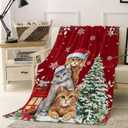 Chucoco Throw Blankets, Christmas Santa Cute Cats Luxury Ultra Soft Flannel Bed Blanket Blossoms Poinsettia Fir Tree Leaf Red Berry Cozy Warm Fleece Cover for Sofa Couch Chair 50"x60"