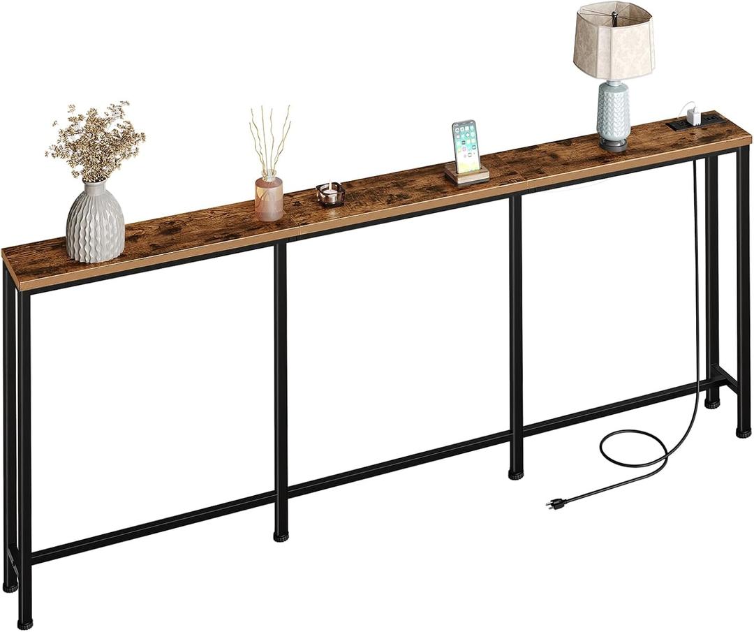 CHOEZON 78.7'' Narrow Console Table with Power Outlet 7.1" Skinny Sofa Table, Long Behind Couch Table with Charging Station, Entryway Table for Hallway, Living Room Rustic Brown and Black TXG20UBF, 78.7*7.1*32.3in