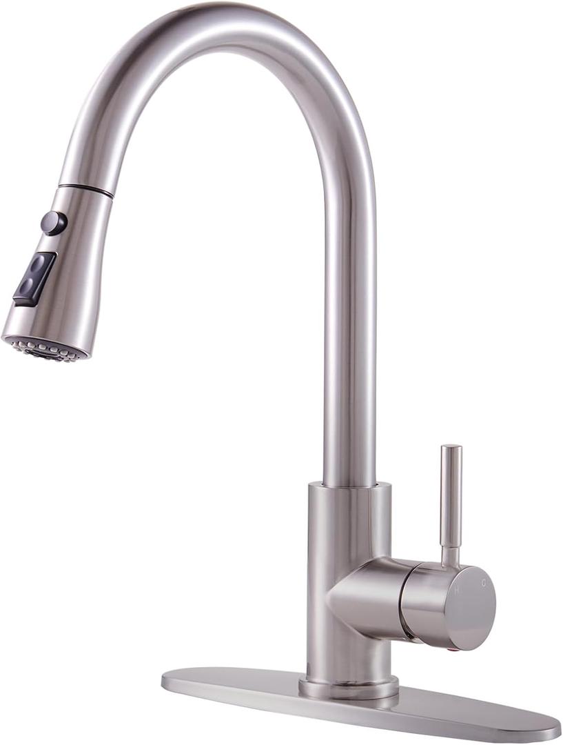 KINGO Kitchen Faucet, Brushed Nickel Kitchen Faucets with Pull Down Sprayer, High Arc Single Handle Stainless Steel Sink Faucets 1 or 3 Hole, Kitchen Sink Faucets for Farmhouse Camper Laundry Rv Bar