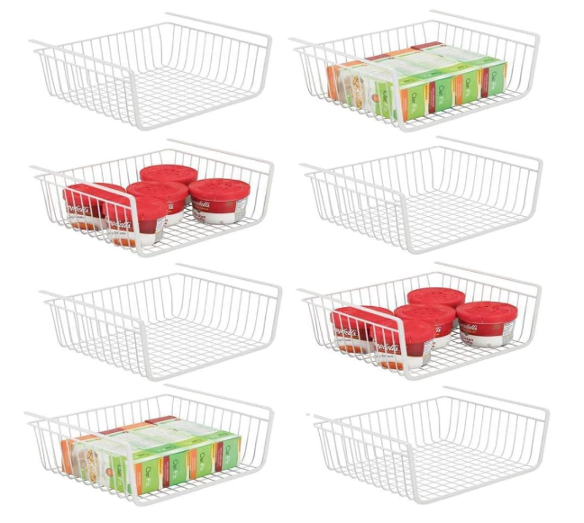Ankuce 8 PACK Hanging Under Shelf Storage Basket Kitchen Cabinet Organizer Storage, Slides Under Wire Shelves for Counter Pantry Desk Bookshelf, White