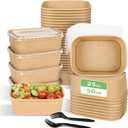 50 Pack Disposable Meal Prep Containers, 25oz Disposable Large Paper Bowls with Lids and Forks for Salad, Noodles, Freezer and Microwavable Storage Use Cardboard Food Containers