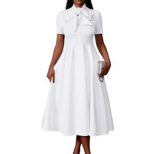 Memoriesea Women's Elegant Casual Short Sleeve Work Party A-Line Dress with Pockets (White)