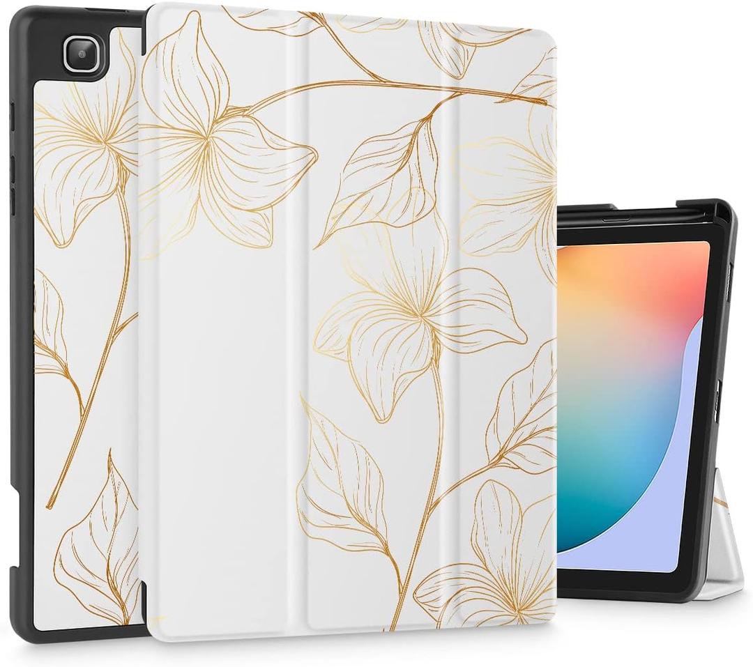 Mektron Samsung Galaxy Tab S6 Lite Case 10.4'' 2022/2020 Model (SM-P610/P613/P615/P619) with S Pen Holder,Multi-Angle Viewing Soft TPU Back Cover with Auto Wake/Sleep,Gold Flower S718
