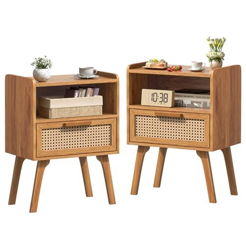 Lerliuo Rattan Nightstands Set of 2, Side Table with Drawer, Cane Accent Bedside End Table with Solid Wood Legs, Mid Century Modern Night Stand for Bedroom, Dorm and Small Spaces (Tea Brown)