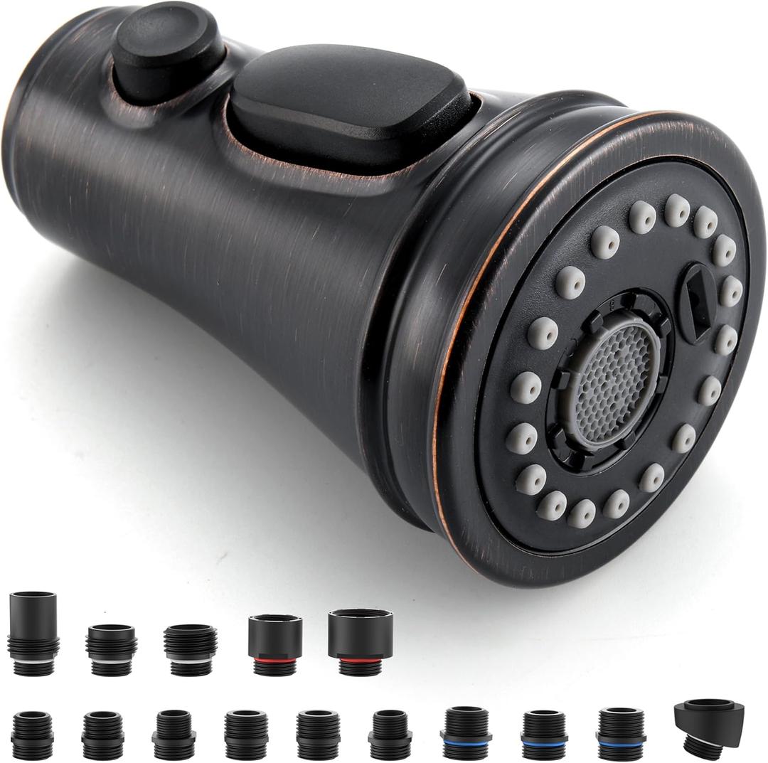 Kitchen Faucet Replacement Spray Head - with 15 Adapters, Pull Down Faucet Sprayer with 3-Function Nozzle, Oil-Rubbed Bronze, Kitchen Sink Faucet Head Replacement