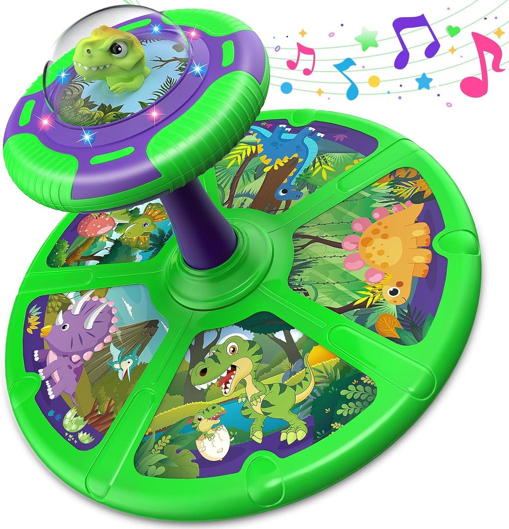 Flooyes Dinosaur Sit and Spin Toys for Toddlers Boys 1 2 3 Years Old, Birthday Gift for Boys Age 2-4 with LED Lights and Music, 360 Spin (Multicolour)