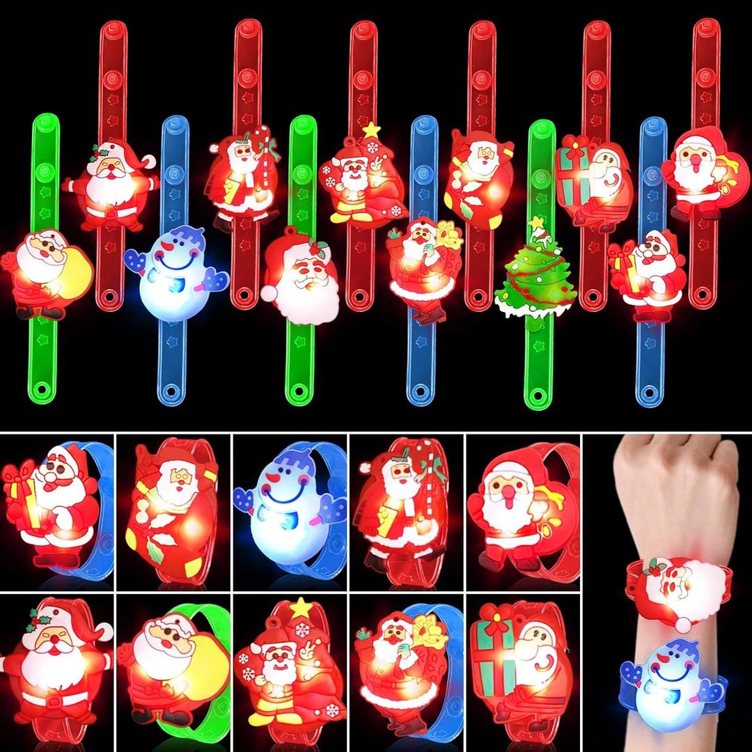 YXHFC 12 Styles Light Up Bracelets Christmas Party Favors for Kids Toys Santa Claus Flashing LED Games Toys Xmas Stocking Stuffers Glow in the Dark Christmas Party Supplies Bag Fillers Gifts