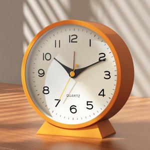 AYRELY 4.5" Analog Alarm Clock,Small Retro Desk Clock Battery Operated,Slient Metal Table Clock with Light for Living Room Decor,Bedroom,Bedside,Shelf (Orange-Yellow)