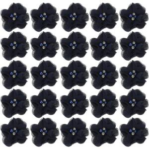 PATIKIL 2" Chiffon Flowers, 30Pcs Fabric Flowers Sewing Appliques Embellishments with Rhinestone Pearl for DIY Crafts Wedding Headbands Party Decoration, Dark Blue