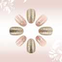3 x IMSOHOT Press on Nails Short Oval Fake Nails Gold Glitter & Flower Designs Glossy Glue on Nails Full Cover Nude Round False Nails for Women Manicure Decoration 24Pcs