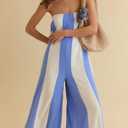 Summer Strapless Wide Leg Jumpsuits Women Cotton Striped Strapless Long Beach Rompers 2026 One Piece Outfits Pockets (L)