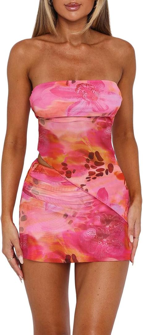 Goafuliy Two Piece Skirt Set for Women Summer Asymmetrical Mesh Strapless Tube Tops Mini Skirt Set Going Out Outfits (Large, Pink Orange)