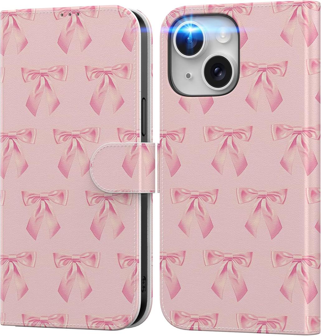 DEENAKIN for iPhone 15 Wallet Case, Card Slots Holder + Cash Clip Cute Pink Bow