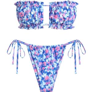 ZAFUL Women 2 Piece Strapless Bikini Swimsuits Ruffle Ribbed Self Tie Bandeau Bikini Set High Cut String Bathing Suits (2-Purple Floral, L)